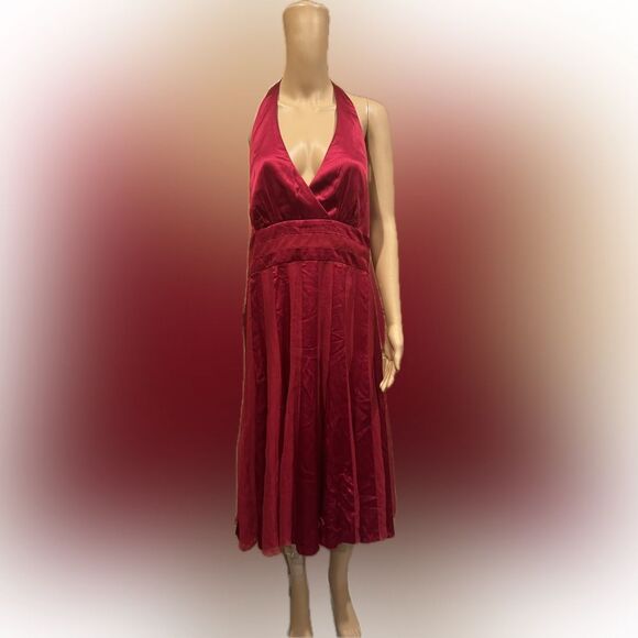Calvin Klein Red Satin Low Back Halter V-Neck Midi Dress Sz 14 - Picture 1 of 8